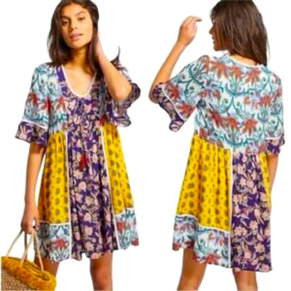 Anthropologie Lilka Patchwork Paisley Boho Trapeze Babydoll Mini Dress